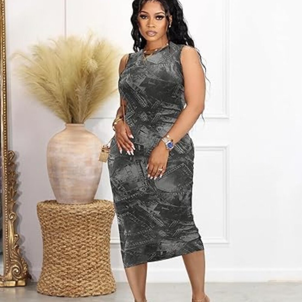 NWT Sheer Mesh Print Bodycon Stretch Sleeveless Dress Large ~ Club Beach